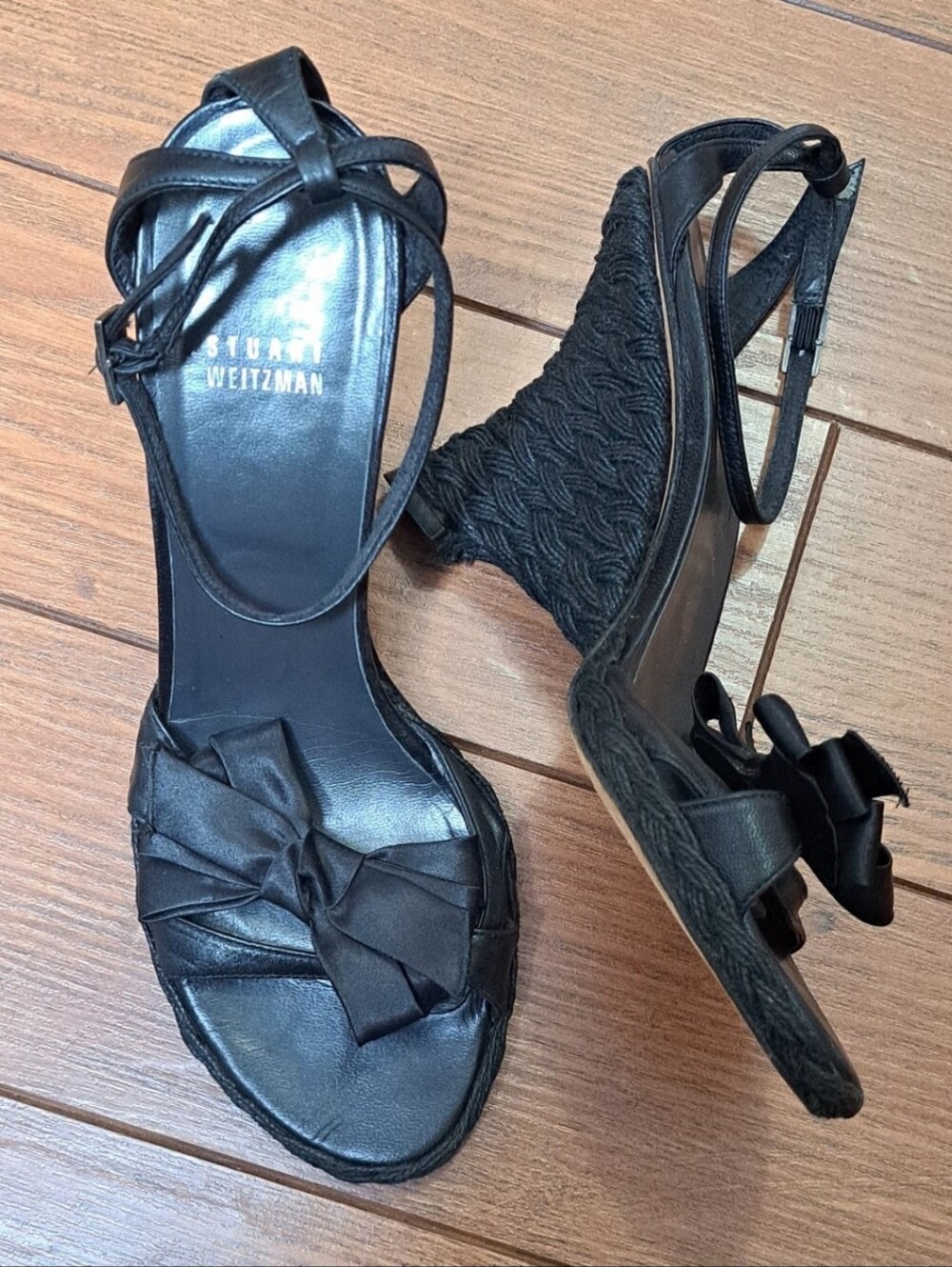 Stuart Weitzman Black Bow Raffia Wedge Heels Women’s Size 8